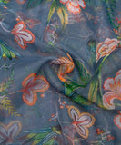 Teal Blue Floral Printed Organza Fabric