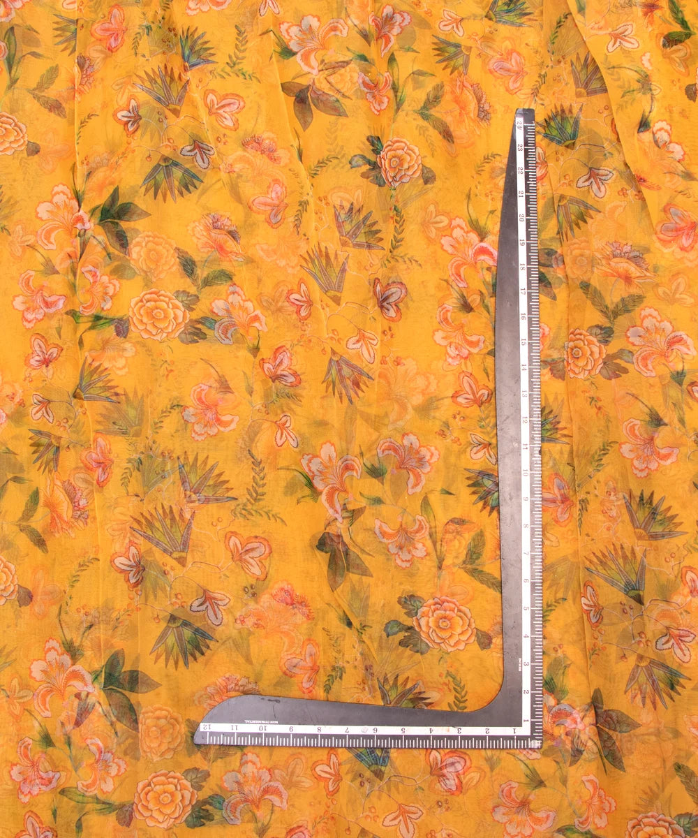 Yellow Floral Printed Organza Fabric