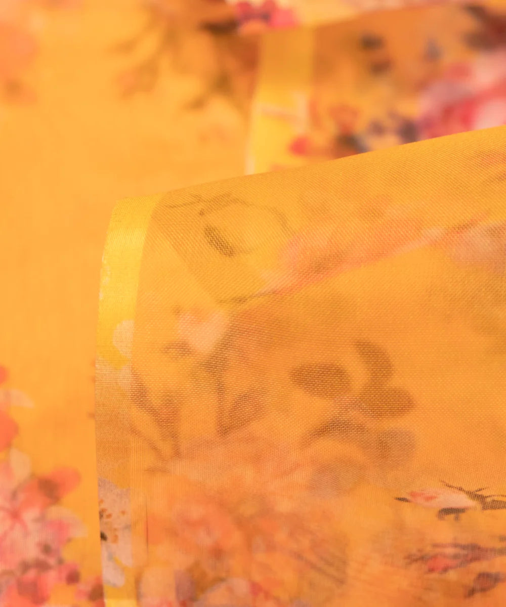Yellow Floral Printed Organza Fabric