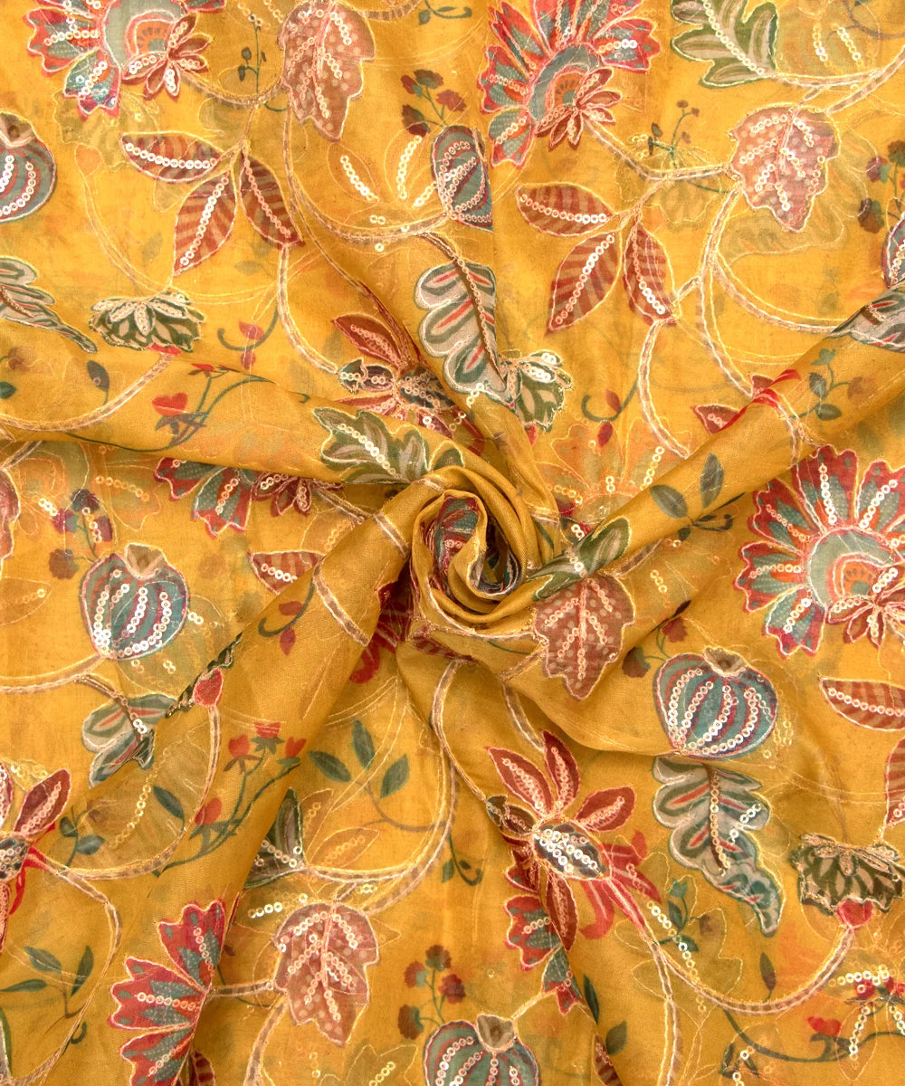 Yellow Golden Floral Print Organza Embroidery Fabric