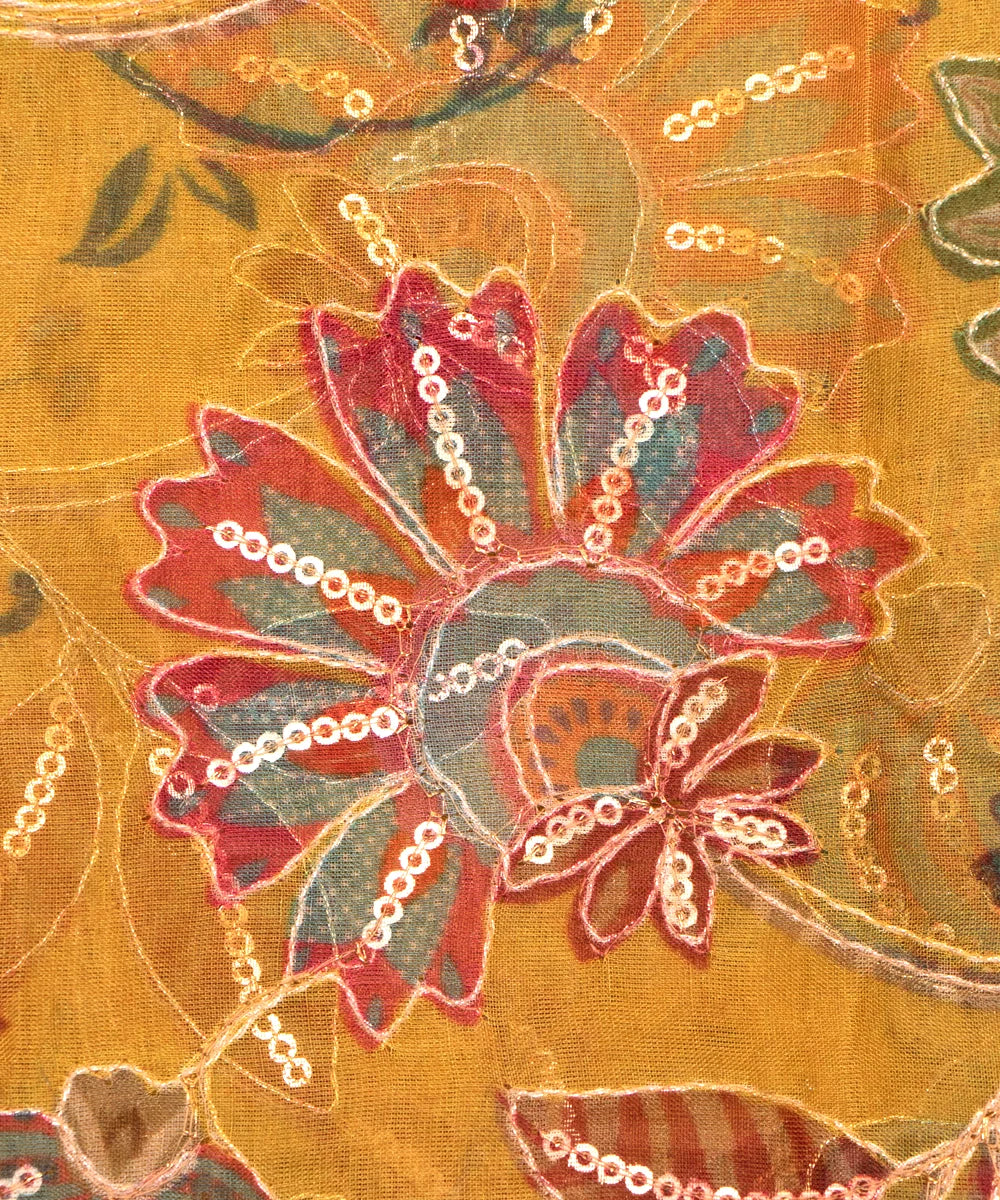 Yellow Golden Floral Print Organza Embroidery Fabric