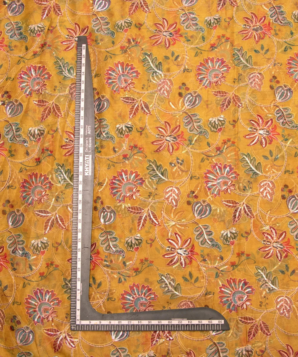 Yellow Golden Floral Print Organza Embroidery Fabric