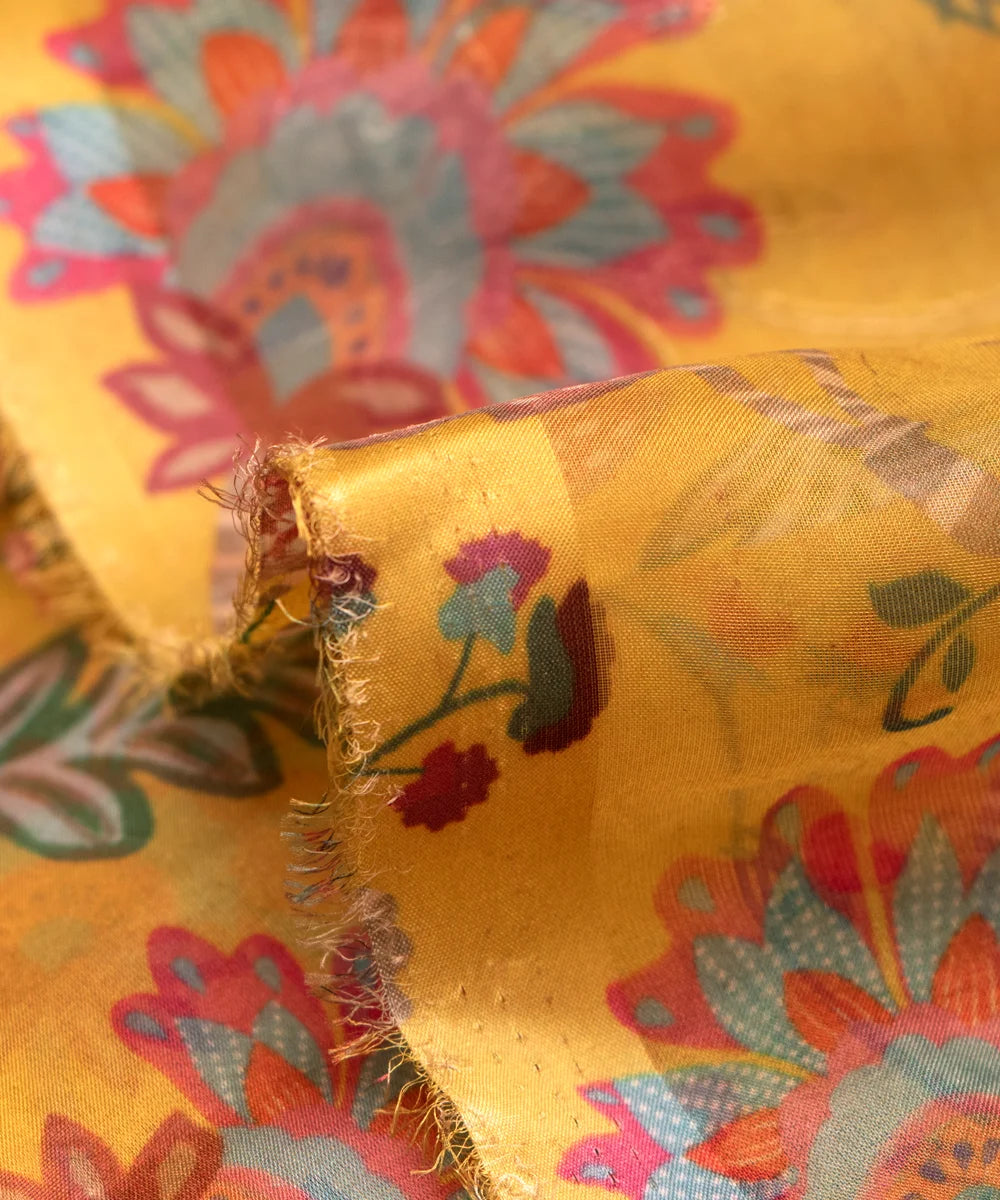 Yellow Golden Floral Print Organza Embroidery Fabric