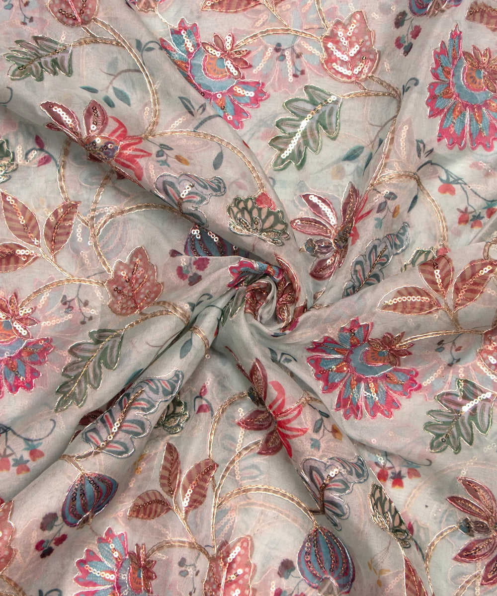 Light Sea Green Floral Print Organza Embroidery Fabric