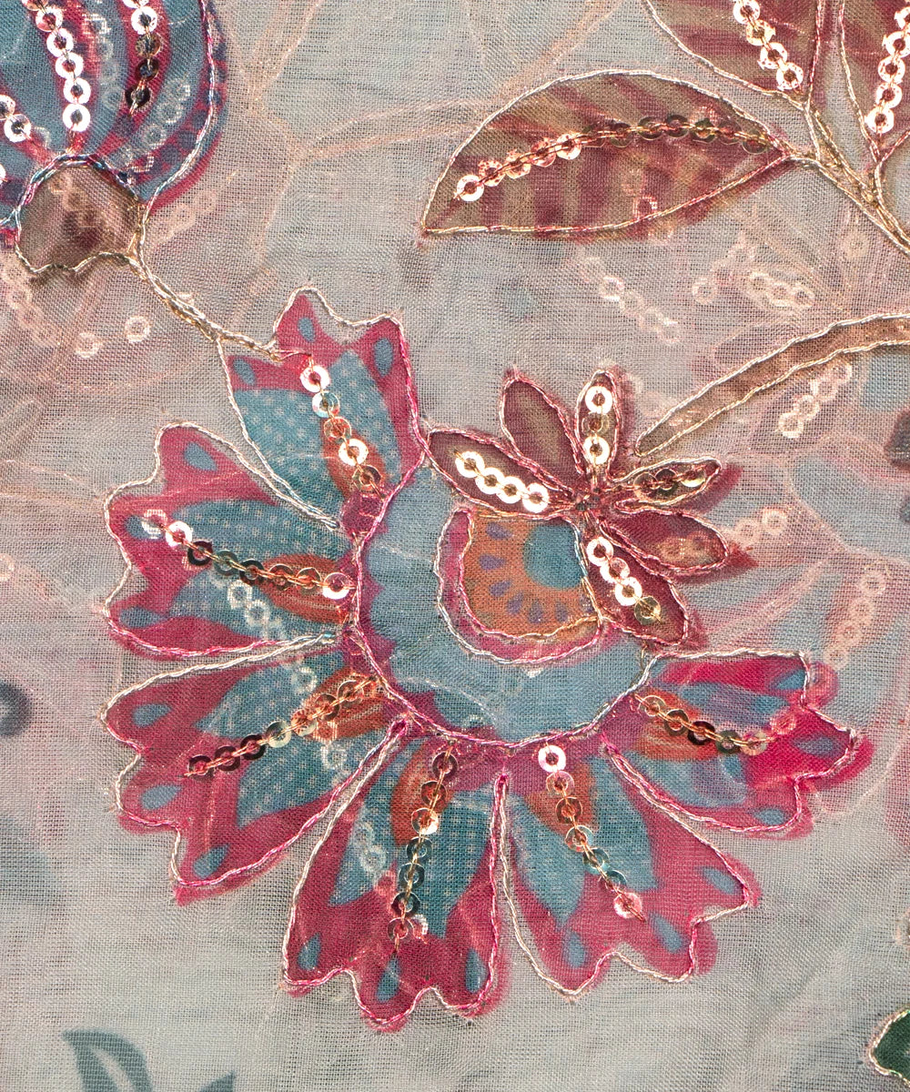 Light Sea Green Floral Print Organza Embroidery Fabric