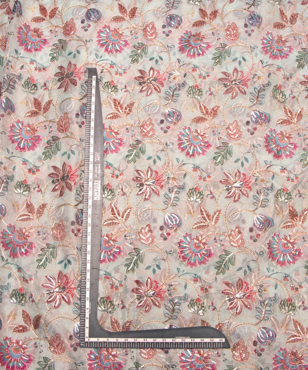 Light Sea Green Floral Print Organza Embroidery Fabric