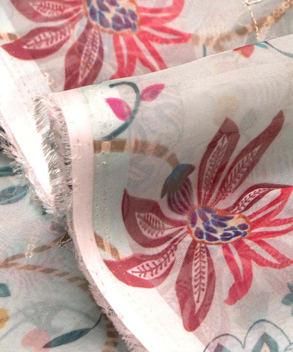 Light Sea Green Floral Print Organza Embroidery Fabric
