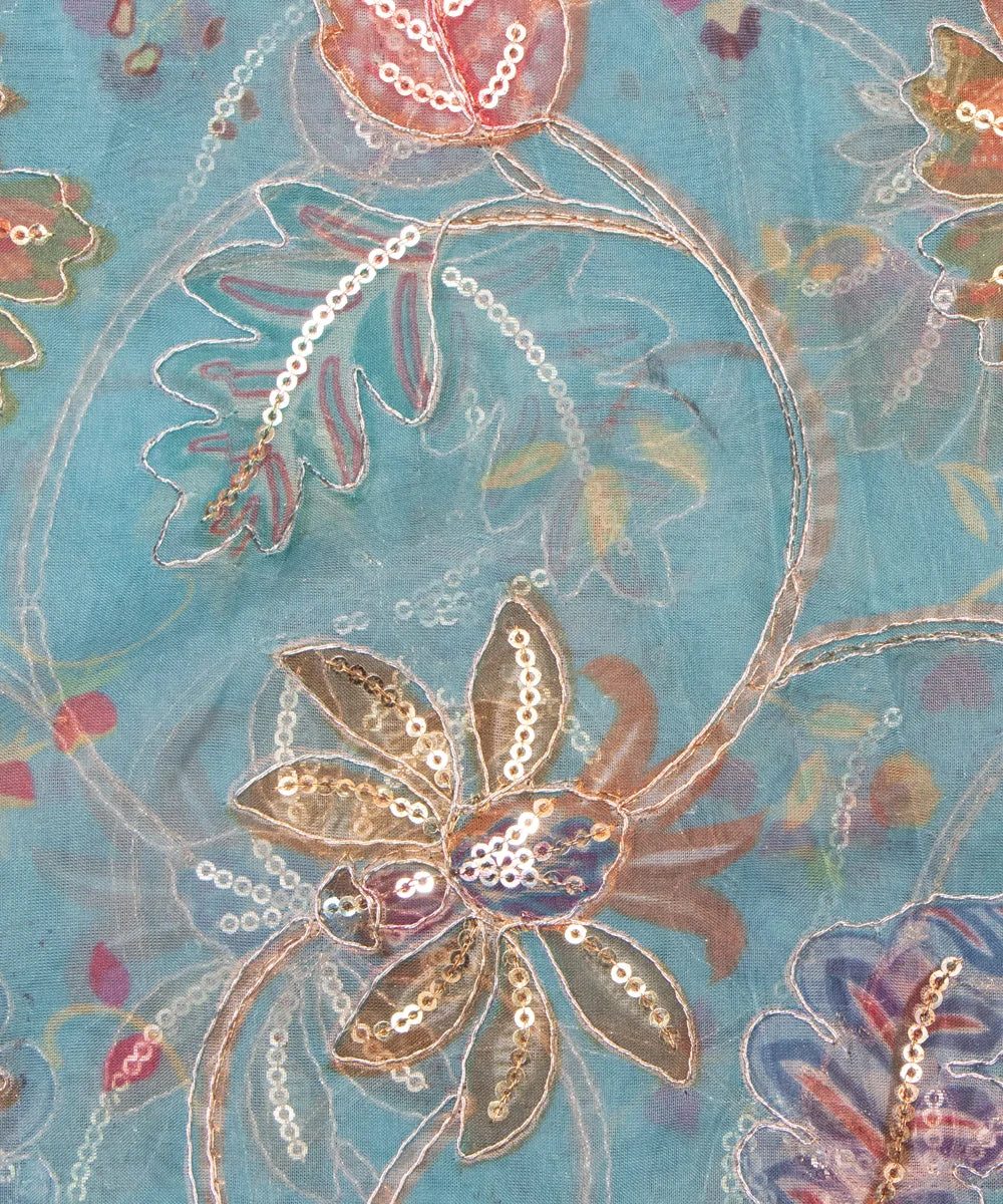 Light Blue Floral Print Organza Embroidery Fabric