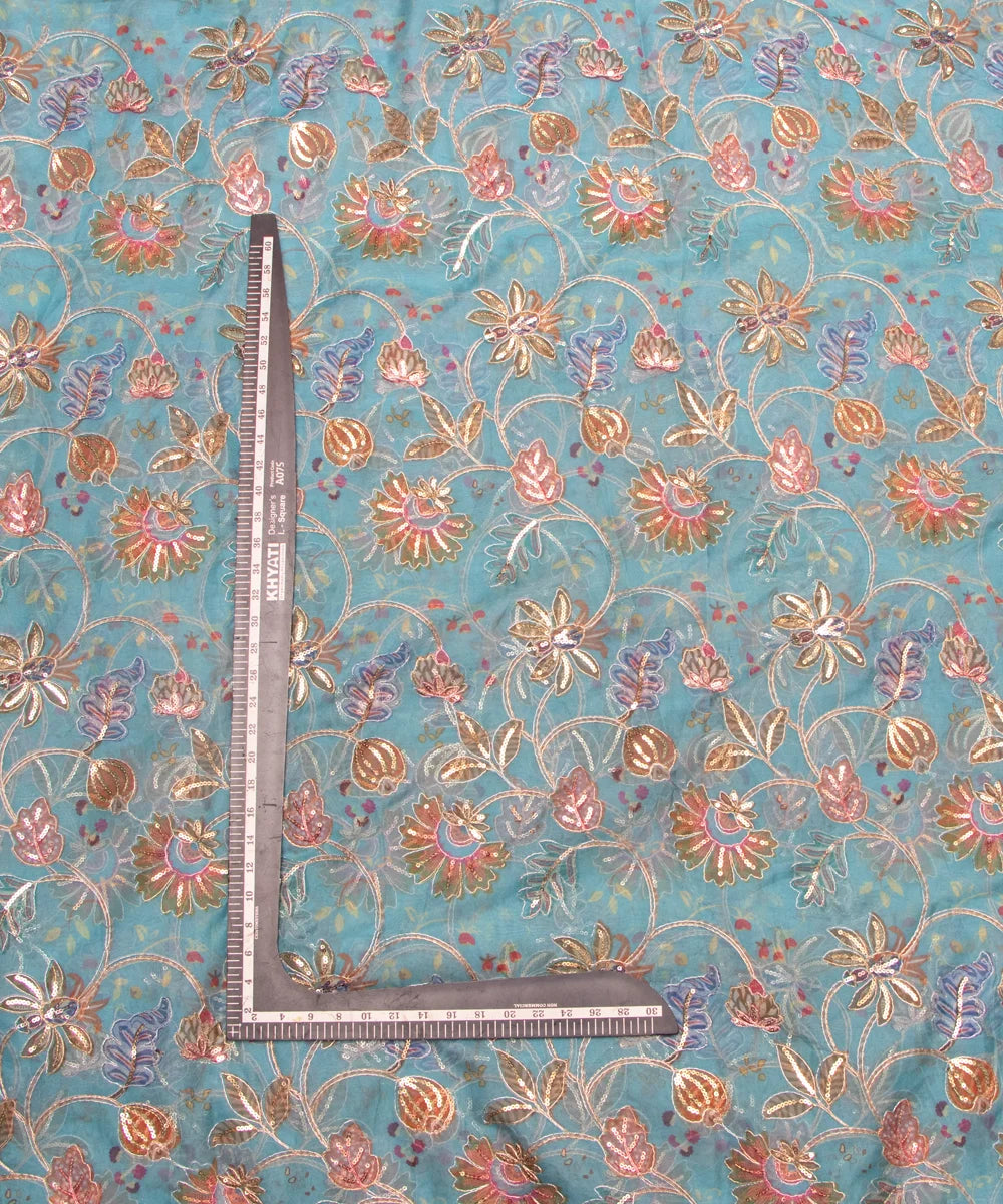 Light Blue Floral Print Organza Embroidery Fabric