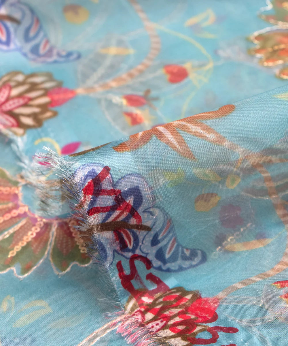 Light Blue Floral Print Organza Embroidery Fabric