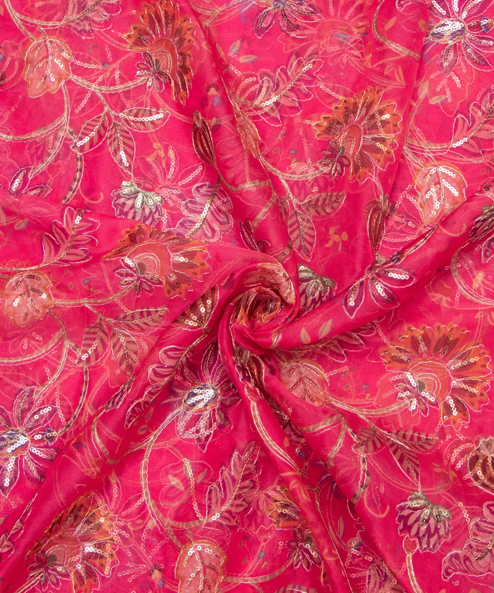 Hot Pink Floral Print Organza Embroidery Fabric