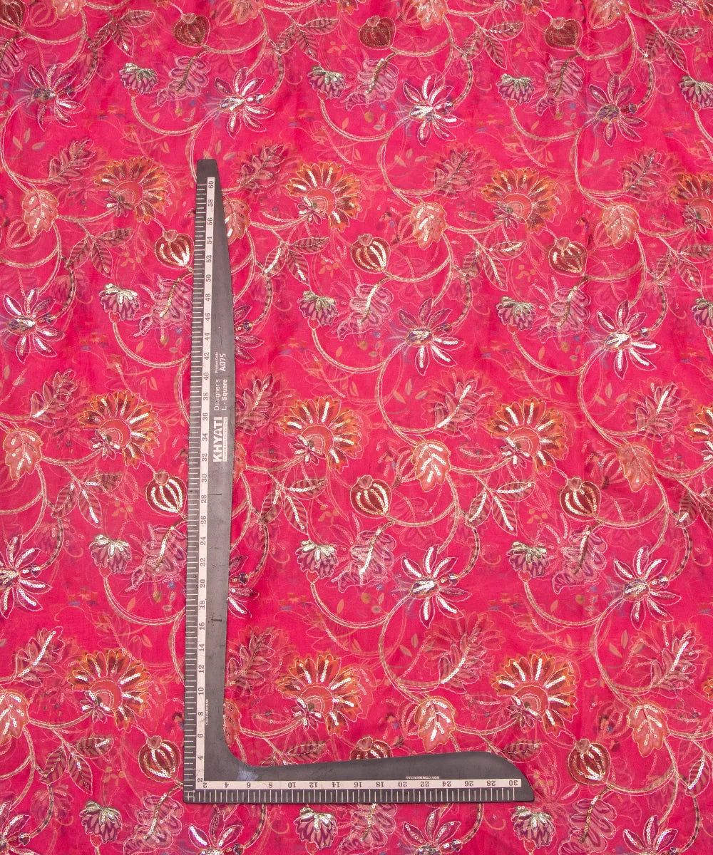 Hot Pink Floral Print Organza Embroidery Fabric