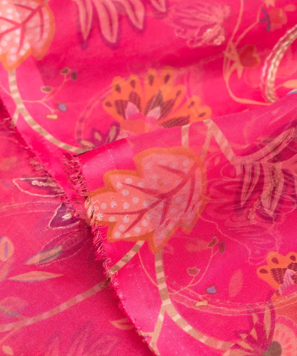 Hot Pink Floral Print Organza Embroidery Fabric