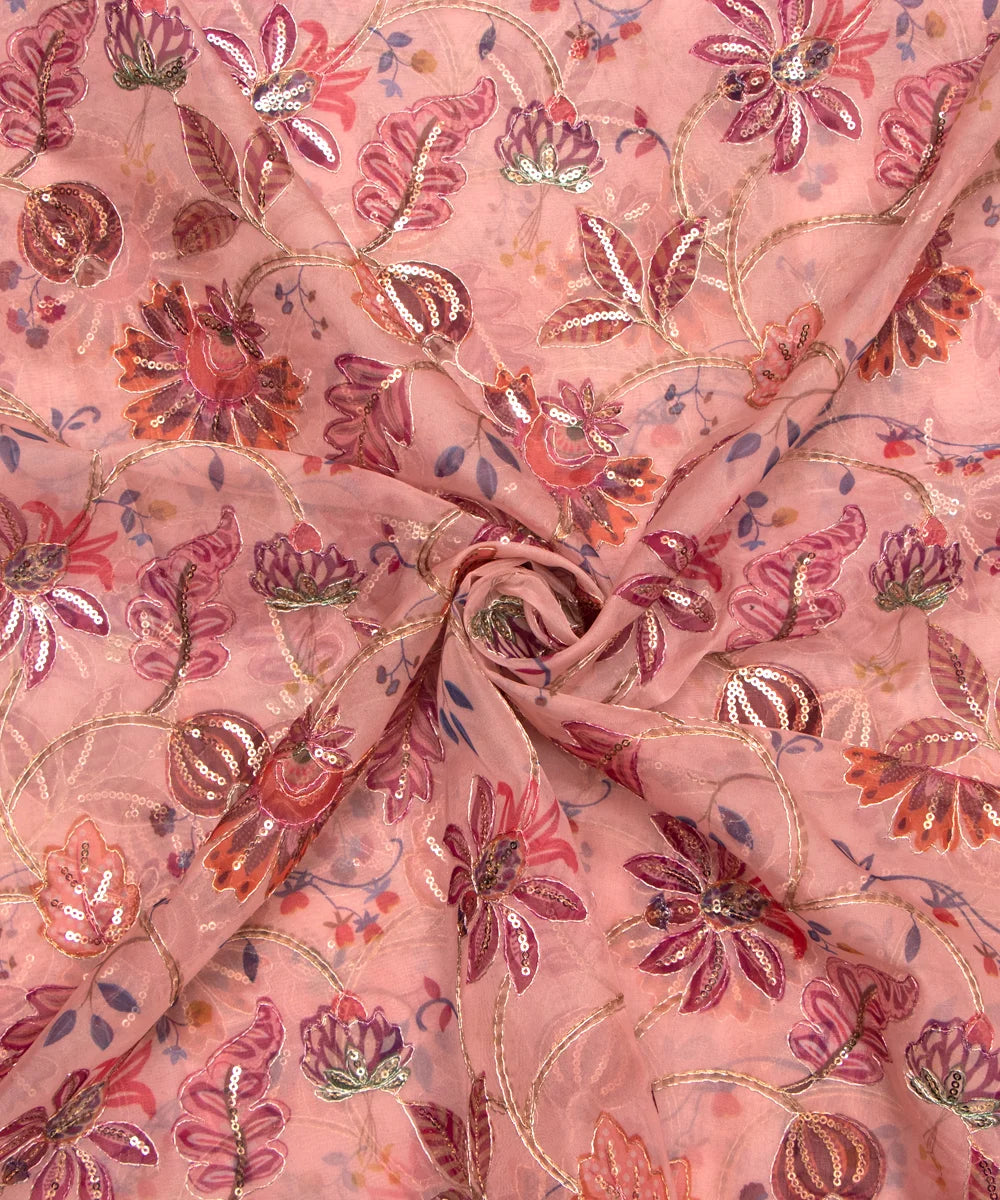 Pastel Pink Floral Print Organza Embroidery Fabric