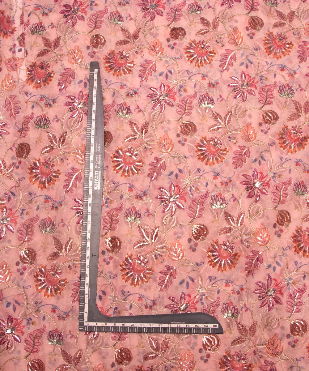 Pastel Pink Floral Print Organza Embroidery Fabric
