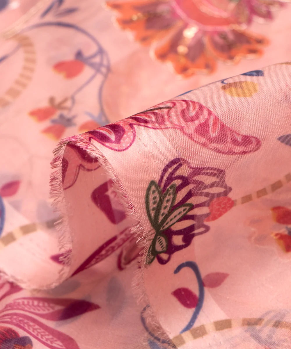 Pastel Pink Floral Print Organza Embroidery Fabric