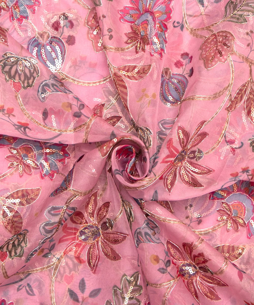 Baby Pink Color Floral Print Organza Embroidery Fabric