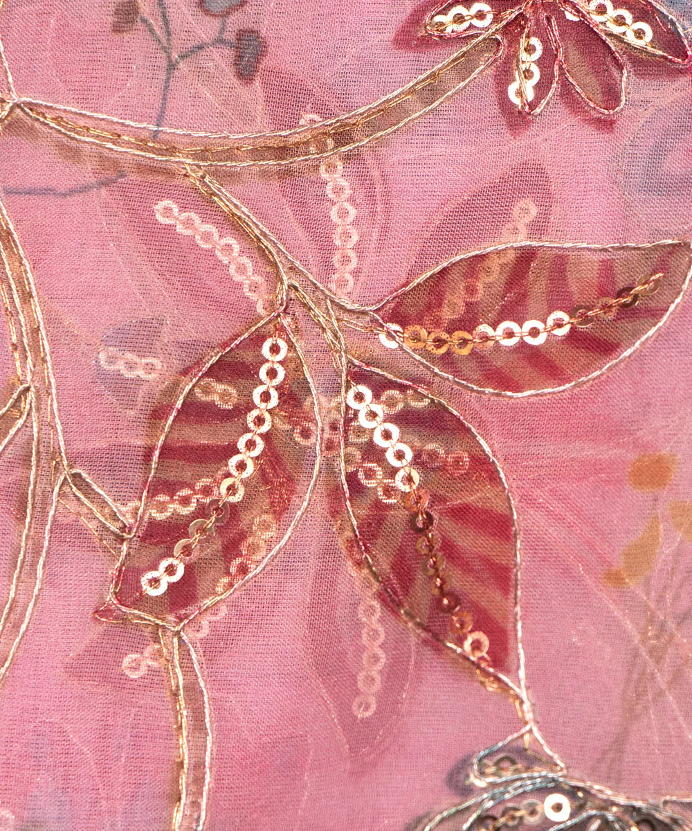 Baby Pink Color Floral Print Organza Embroidery Fabric