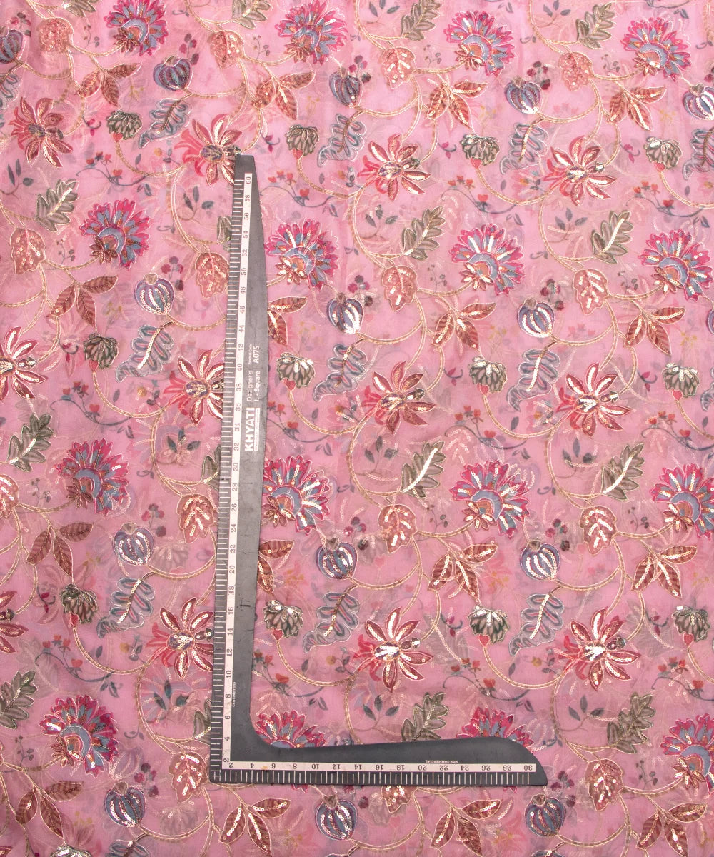 Baby Pink Color Floral Print Organza Embroidery Fabric