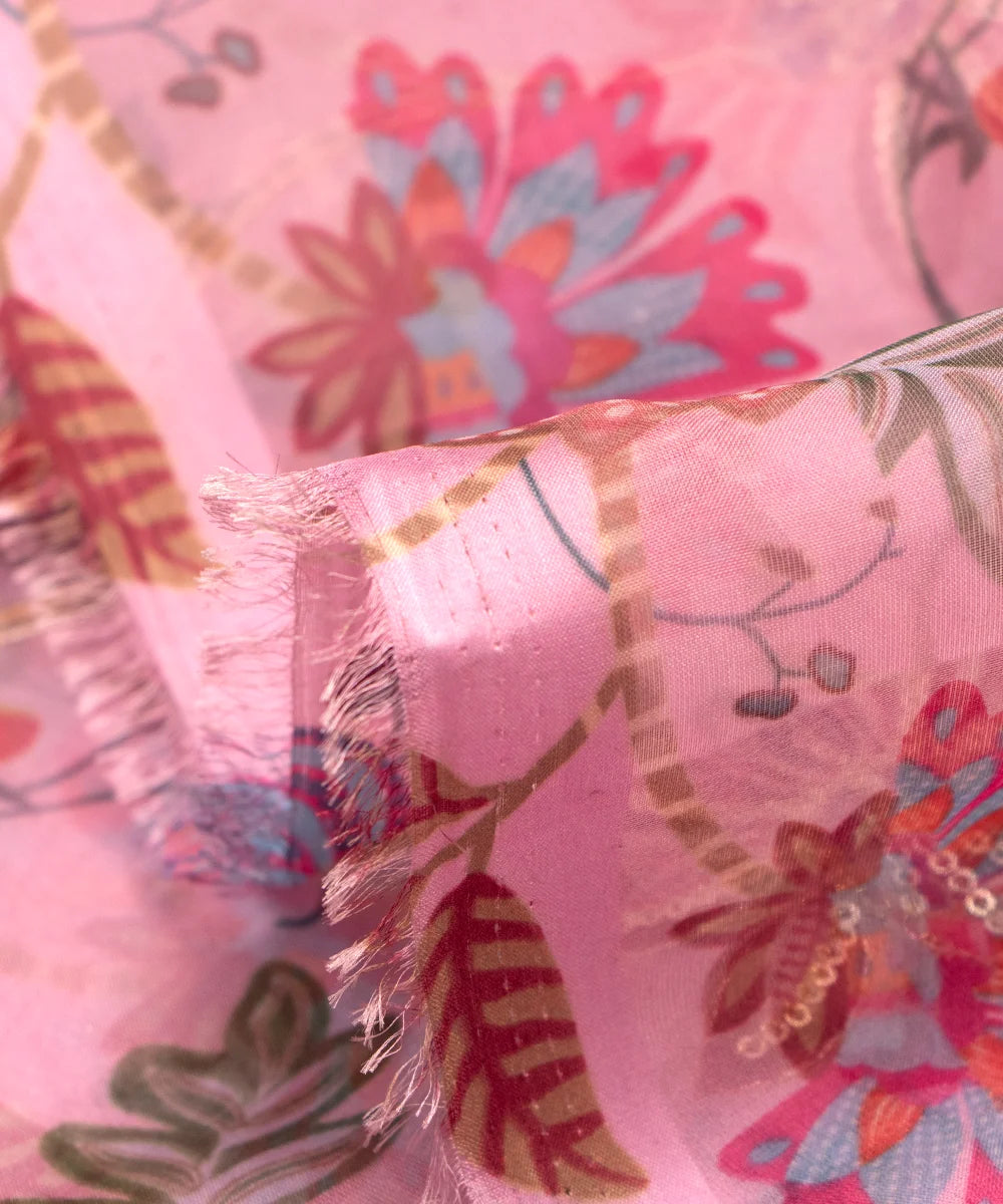 Baby Pink Color Floral Print Organza Embroidery Fabric