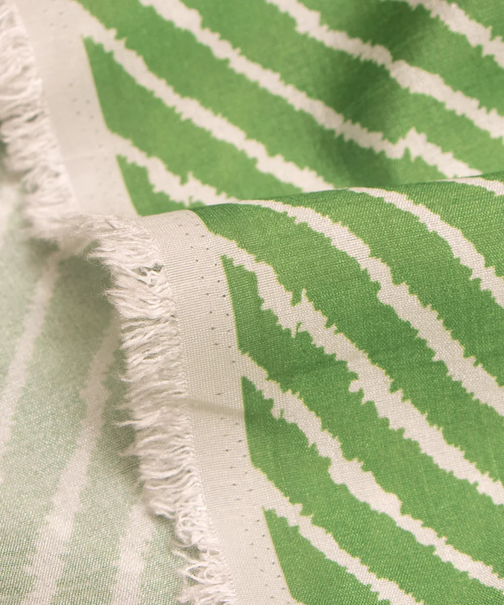 Green Color Lehariya Print Raw Silk Fabric