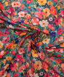 Green Floral Print Mul Chanderi Fabric