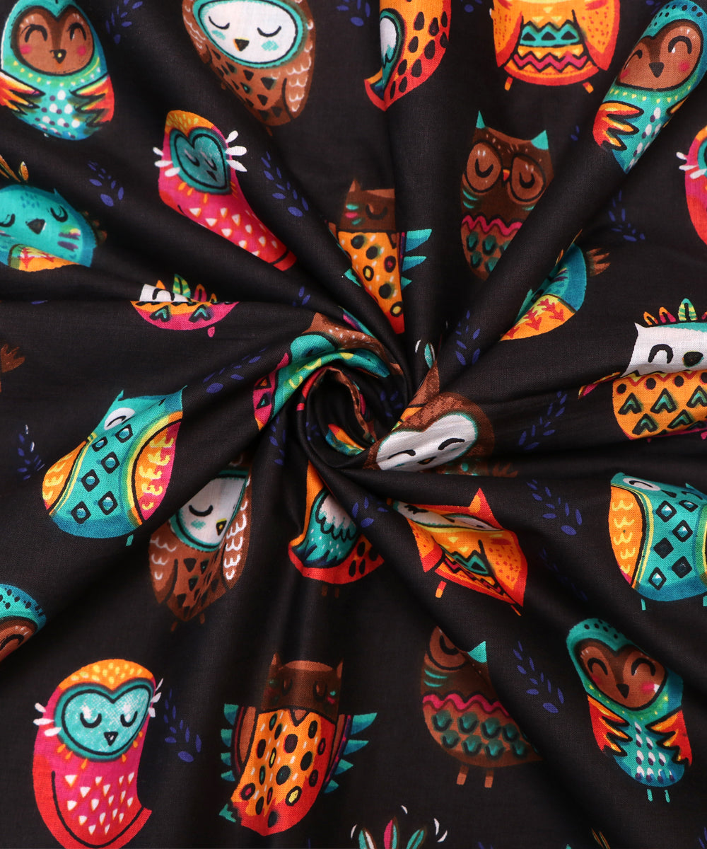 Black Colour Bird Printed Cotton Fabric