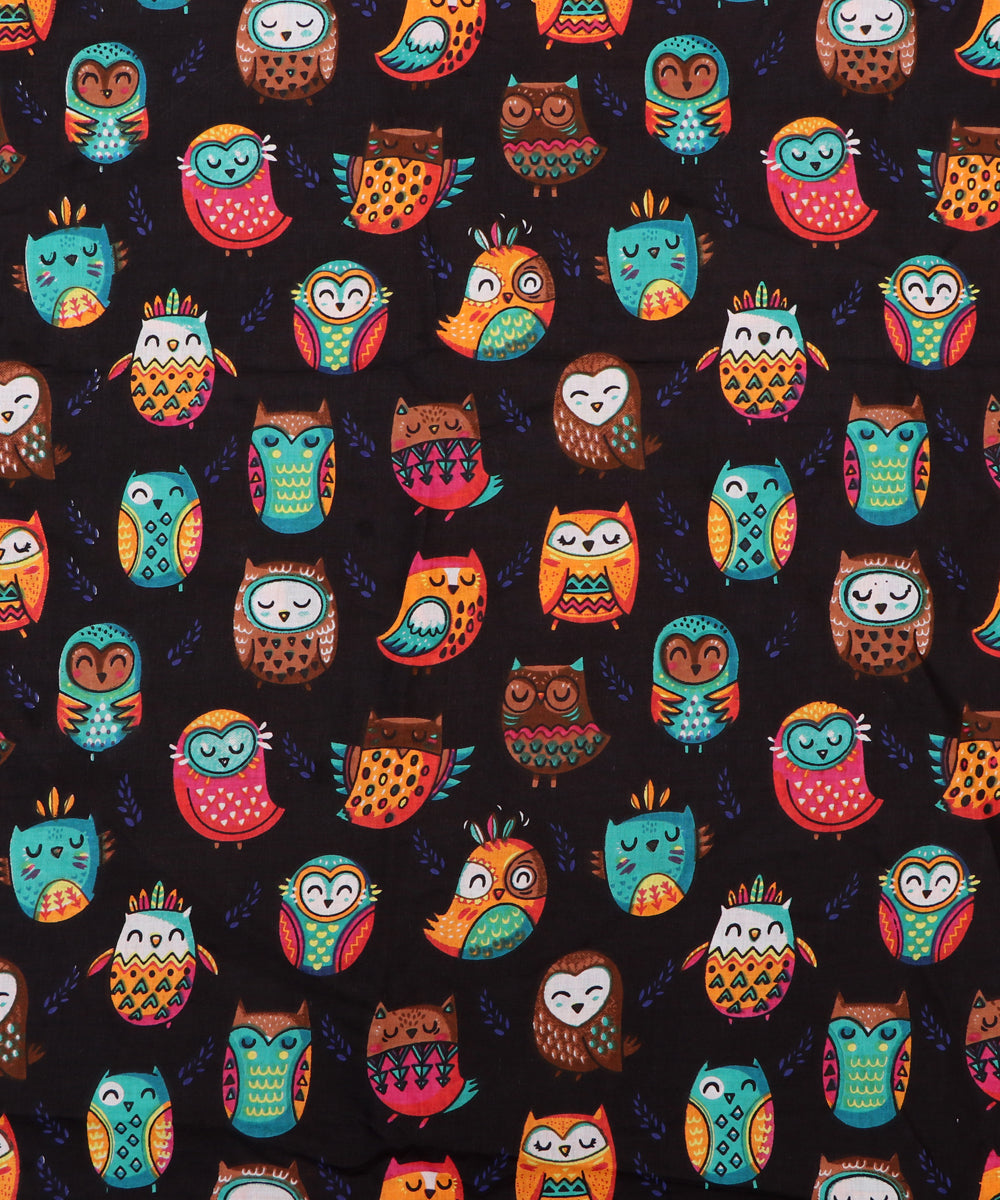 Black Colour Bird Printed Cotton Fabric