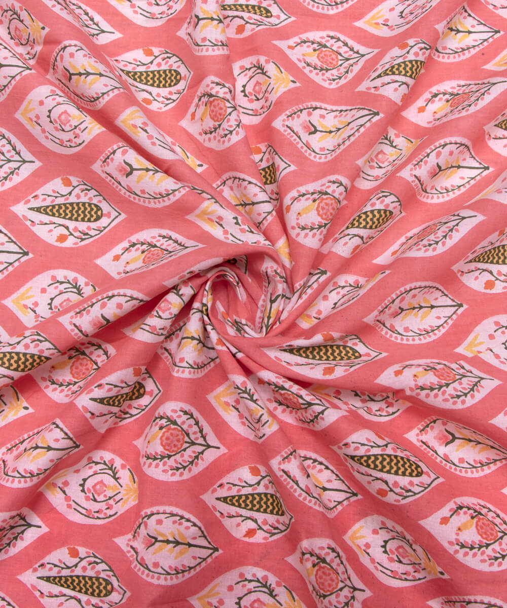 Peach Pink Color Leaf Print 3 Piece Cotton Suit Set