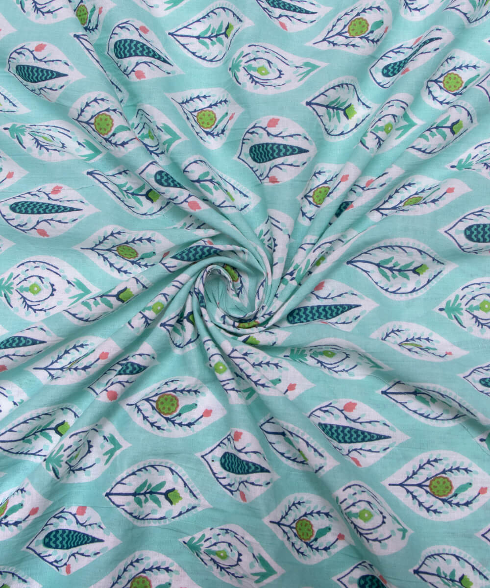 Sea Green Color Leaf Print 3 Piece Cotton Suit Set