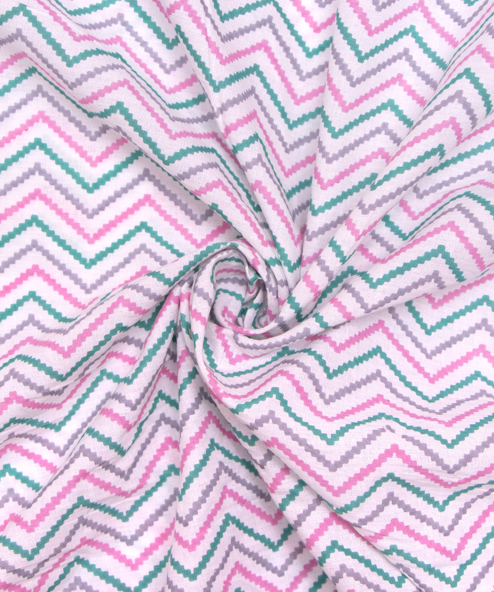 White Colour Zig Zag Printed Cotton Fabric