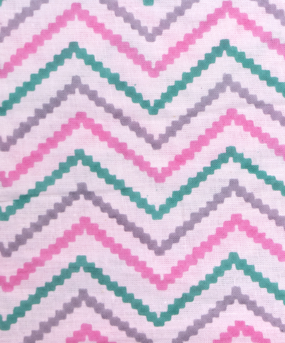 White Colour Zig Zag Printed Cotton Fabric