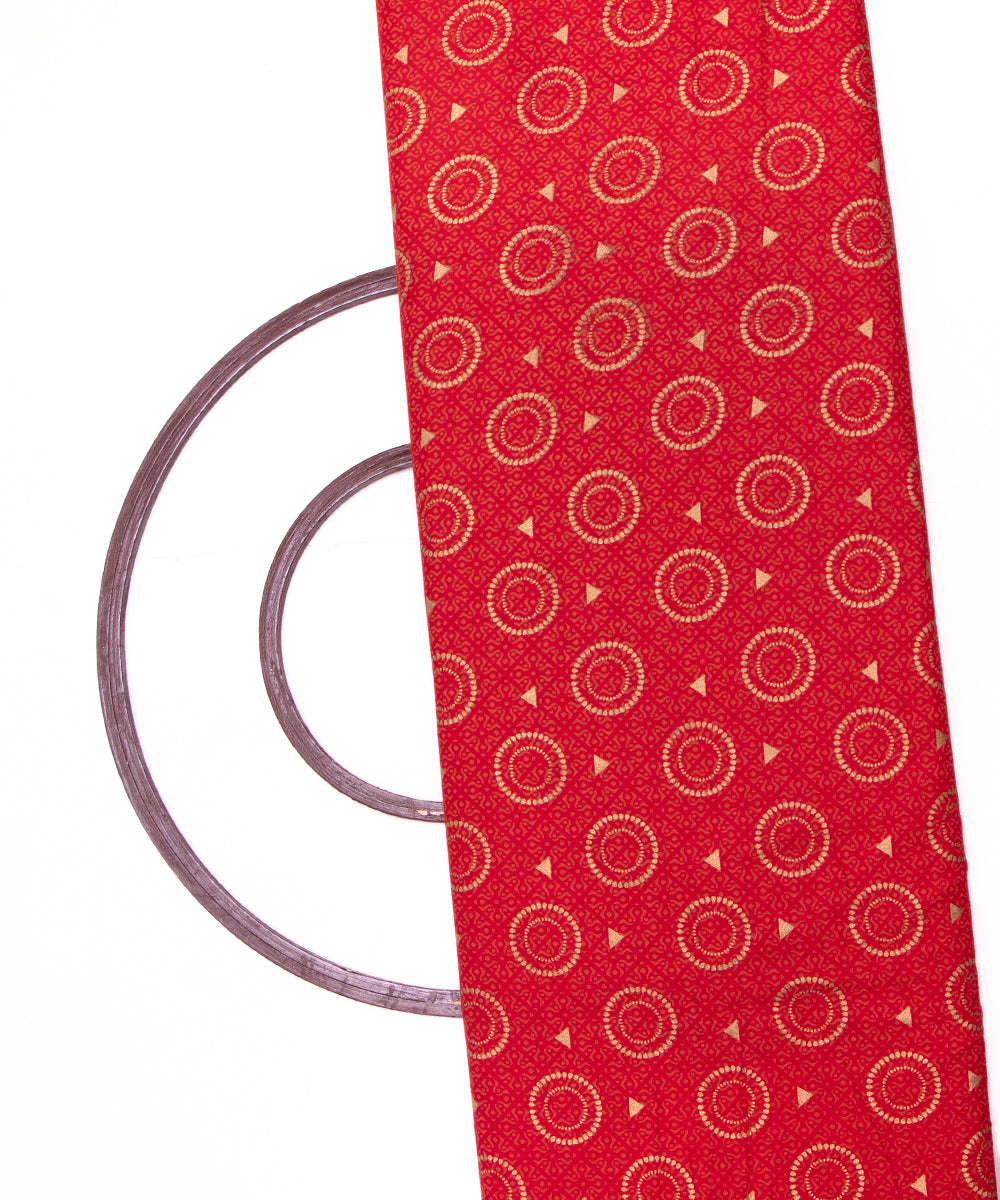 Red Colour Abstract Golden Block Print Rayon Fabric