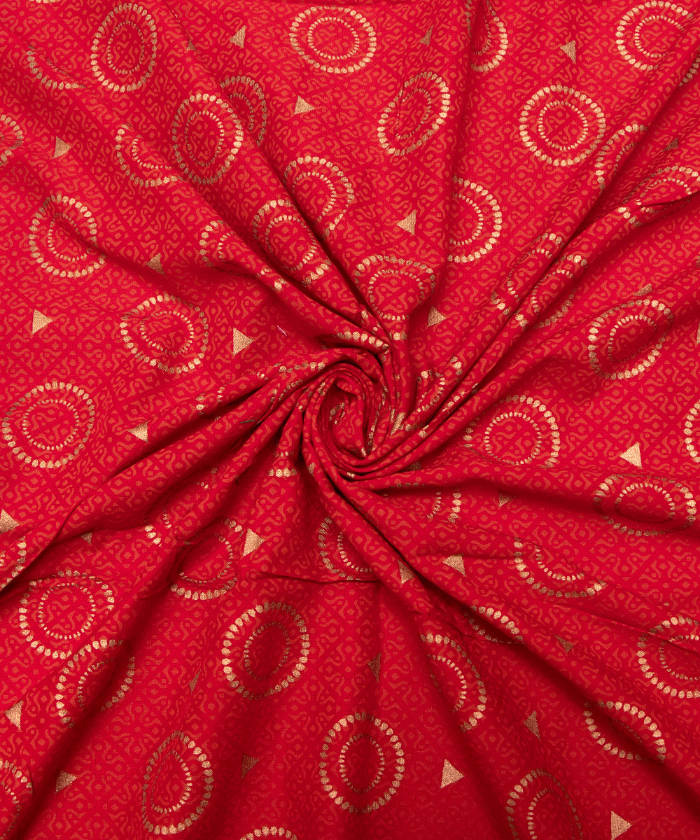 Red Colour Abstract Golden Block Print Rayon Fabric