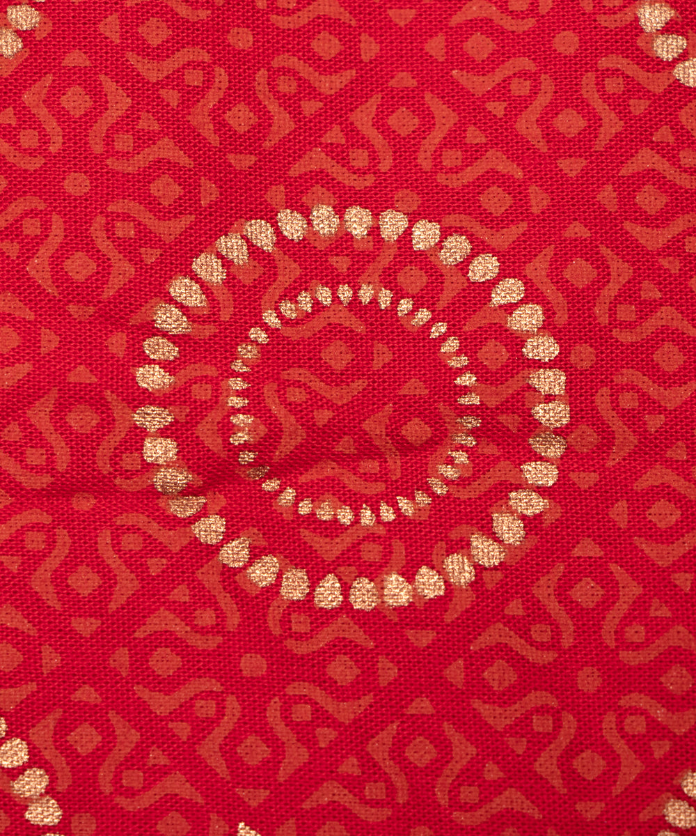 Red Colour Abstract Golden Block Print Rayon Fabric