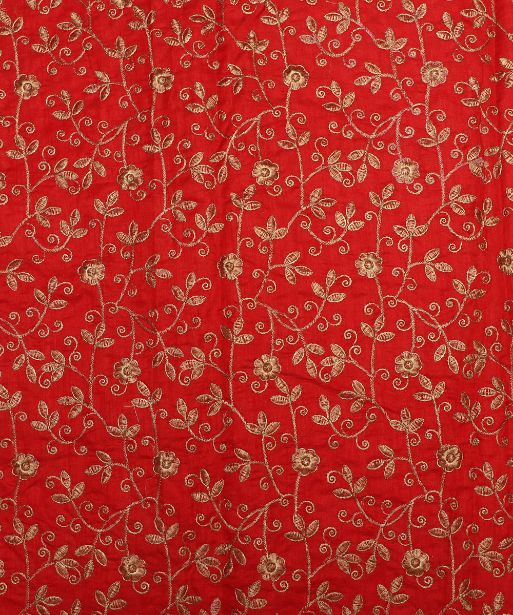 Red Colour Golden Embroidery Malbari Silk Fabric ( 1.80 Meter )