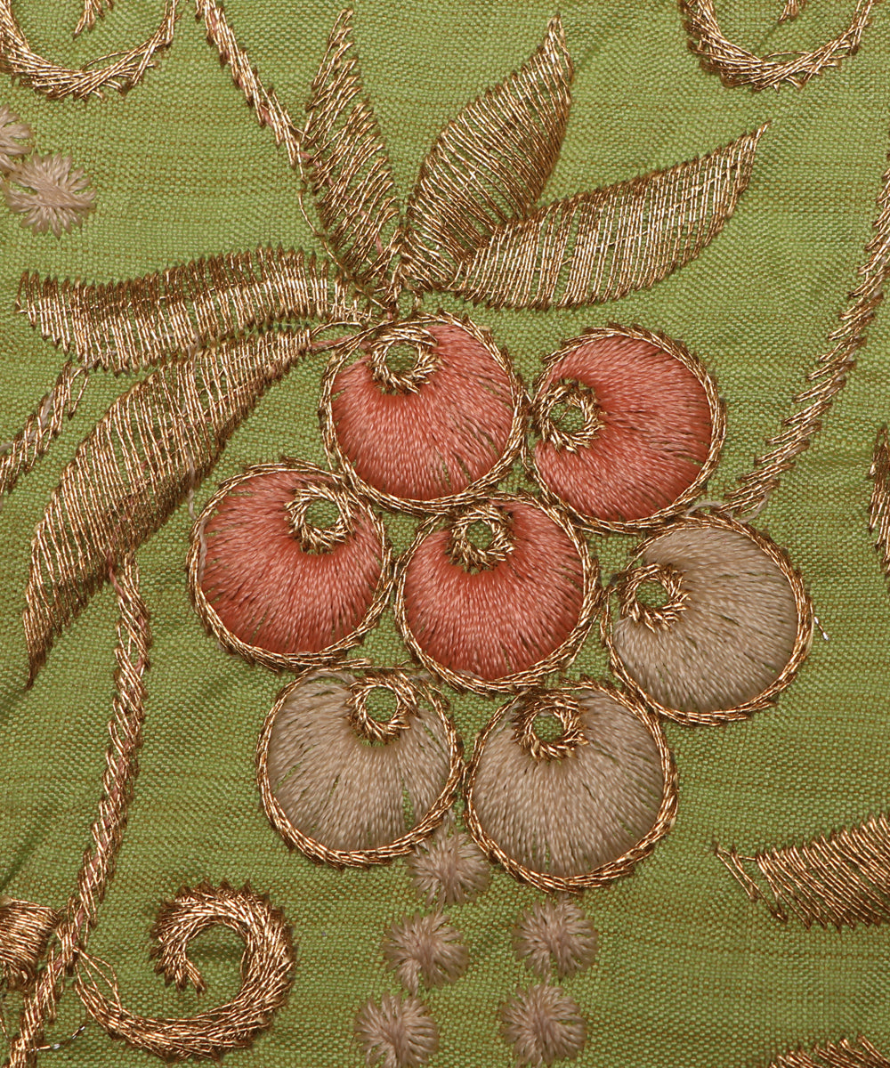 Green Colour Golden Embroidery Malbari Silk Fabric ( 1 Meter )
