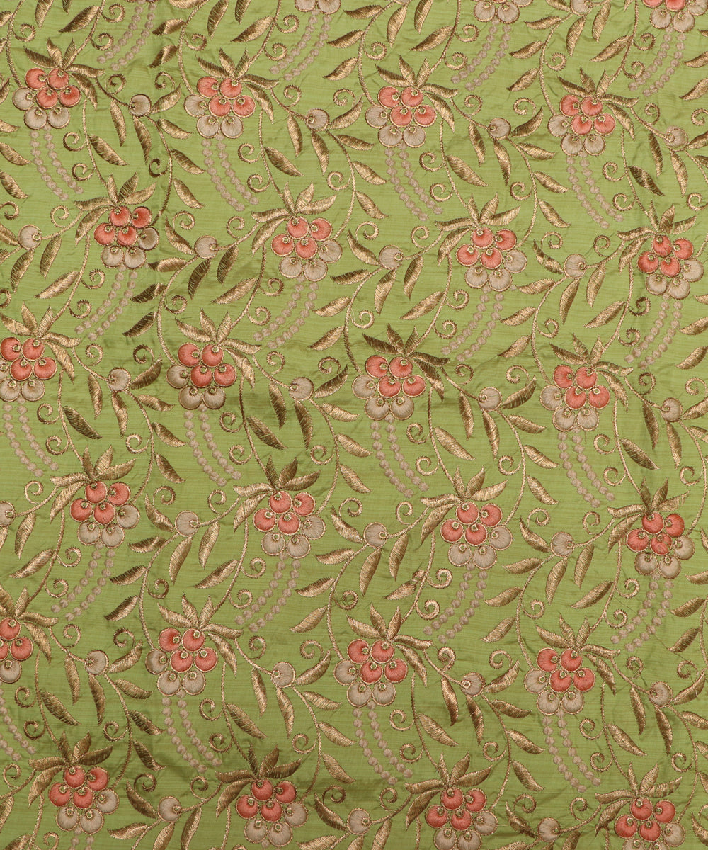 Green Colour Golden Embroidery Malbari Silk Fabric ( 1 Meter )