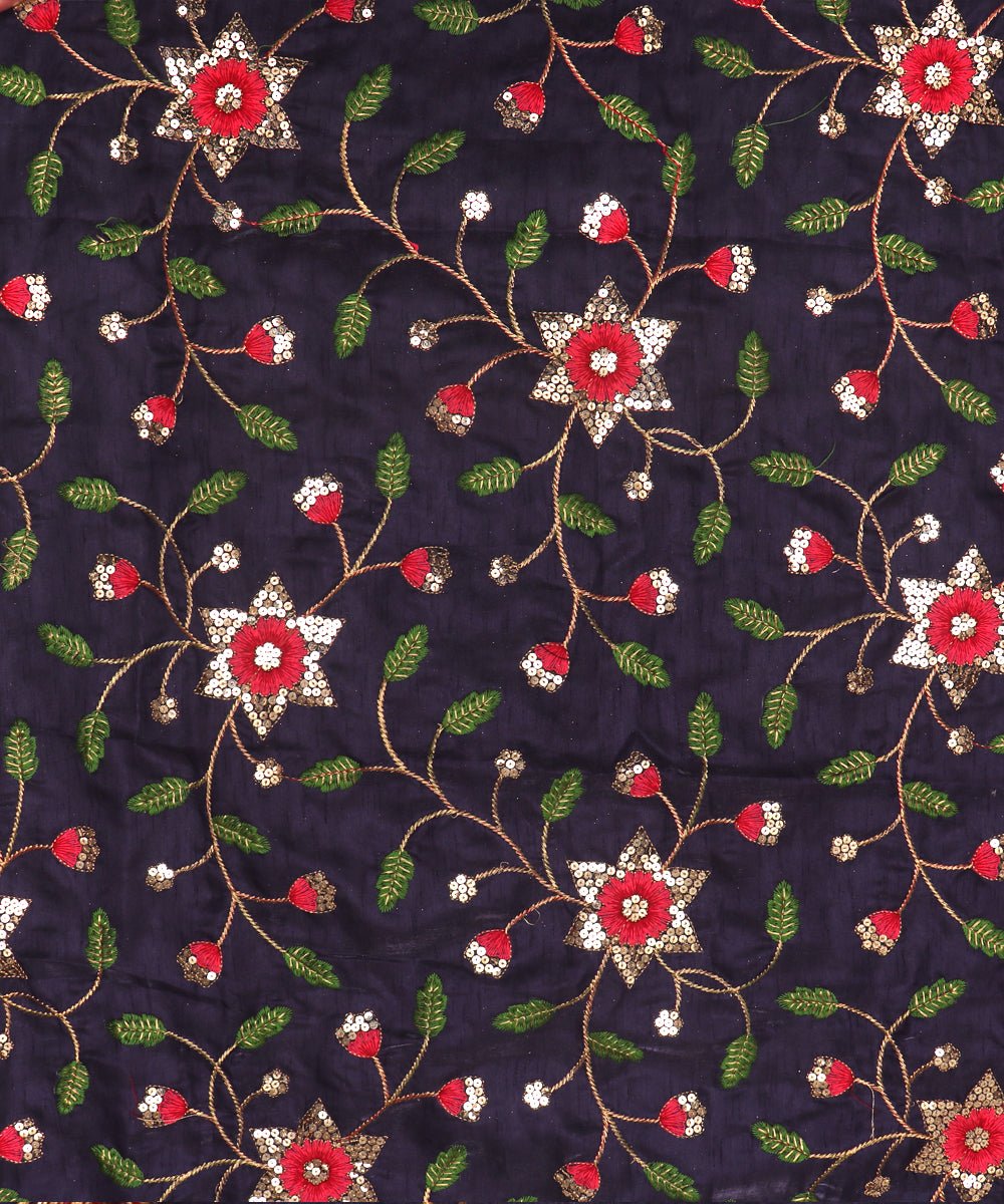 Blue Colour Sequin Floral Pattern Embroidery Raw Silk Fabric ( 1 Meter )