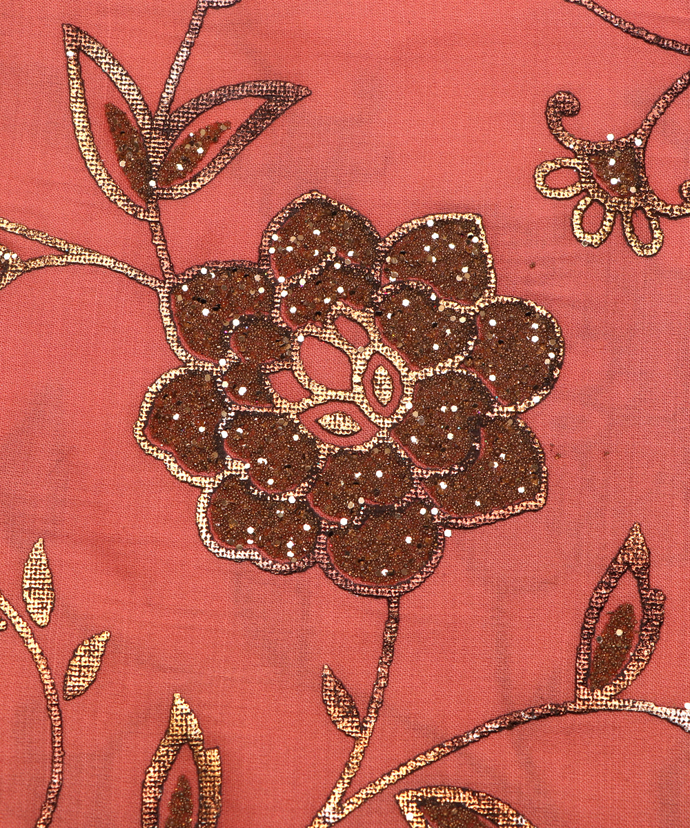 Peach Colour Golden Zari Foil Embroidery Satin Fabric ( 2 Meter )