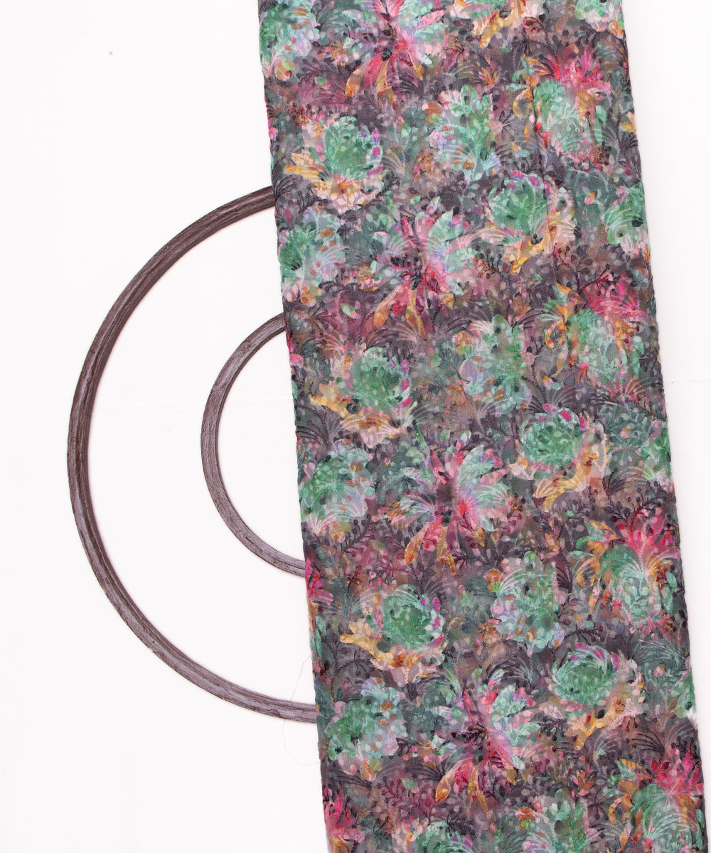 Green Colour Floral Digital Print ChikanKari Organza Fabric ( 2 Meter )