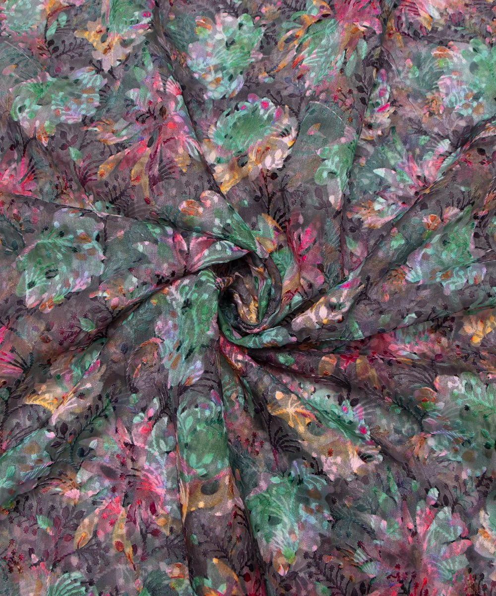 Green Colour Floral Digital Print ChikanKari Organza Fabric ( 2 Meter )