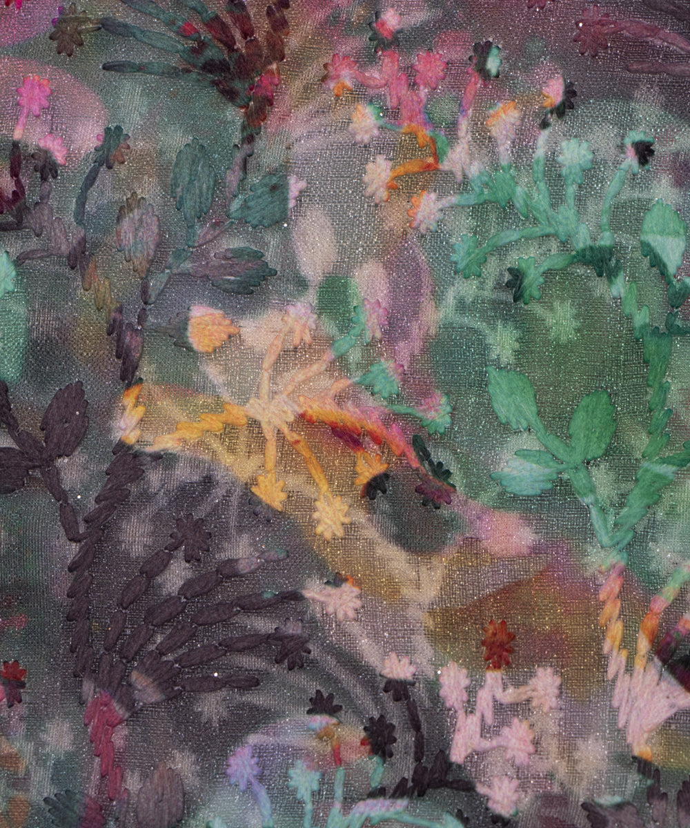 Green Colour Floral Digital Print ChikanKari Organza Fabric ( 2 Meter )