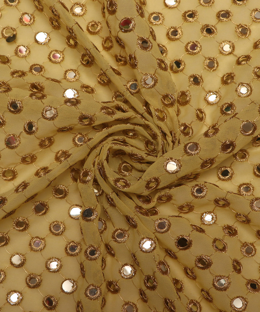 Yellow Colour Mirror Work Georgette Embroidery Fabric ( 1 Meter )