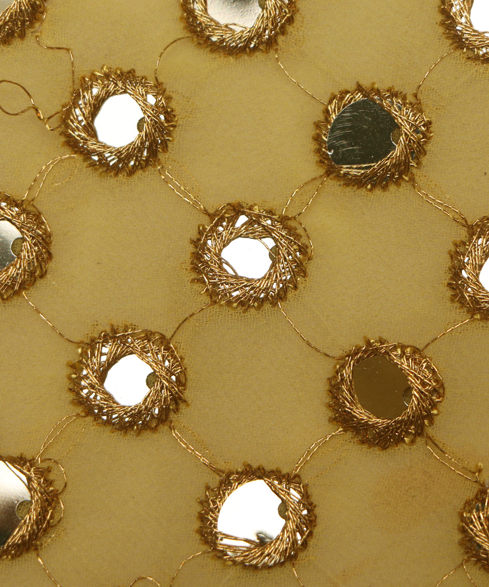 Yellow Colour Mirror Work Georgette Embroidery Fabric ( 1 Meter )