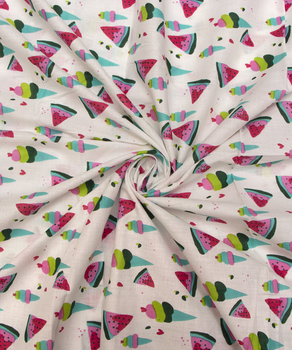 White Colour Kids Printed Cotton Fabric
