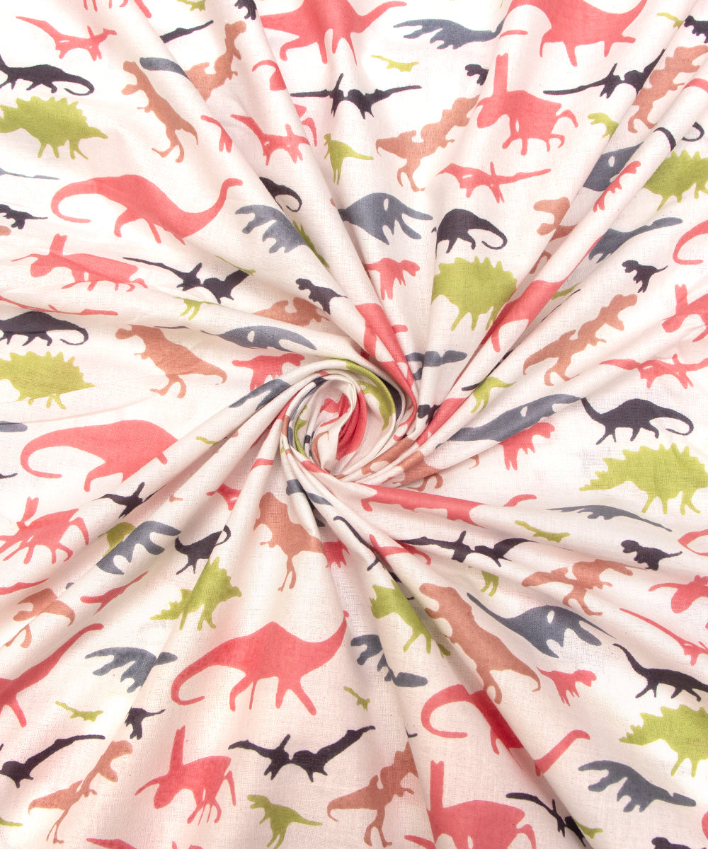 White Colour Animal Printed Cotton Fabric