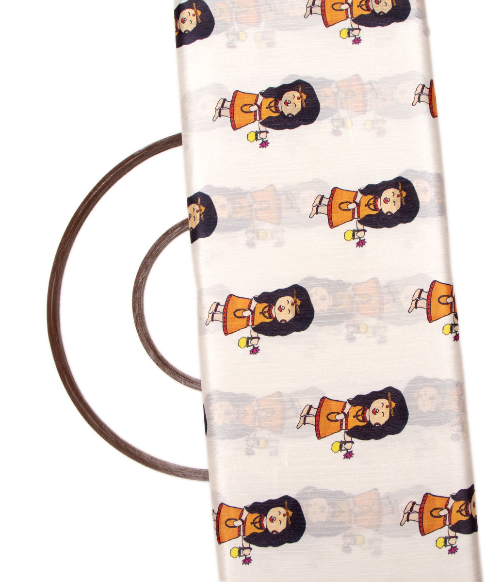 White Colour Kids Print Chinon Silk Fabric