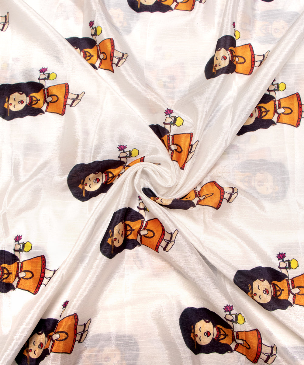 White Colour Kids Print Chinon Silk Fabric