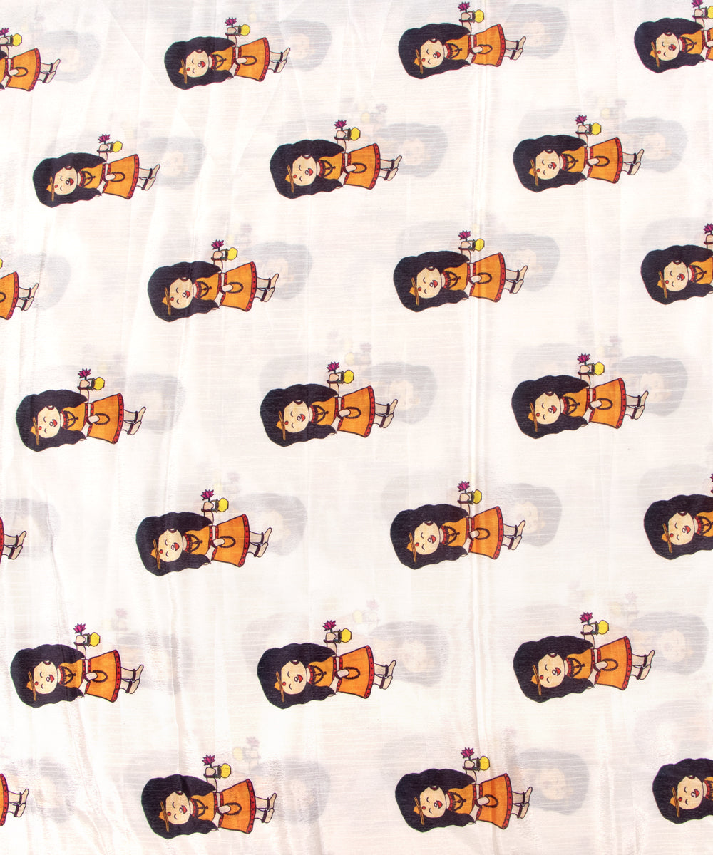 White Colour Kids Print Chinon Silk Fabric